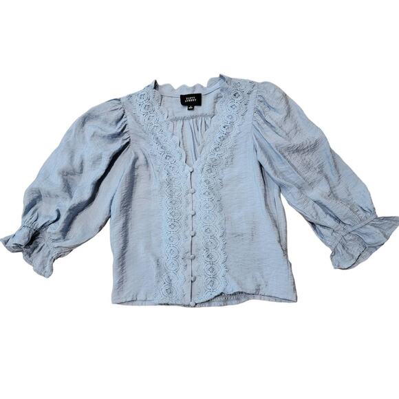 Prairiecore Top Puffy Sleeve Lace Boho Fifty Street Blue Shirt Small 214 - Picture 1 of 5
